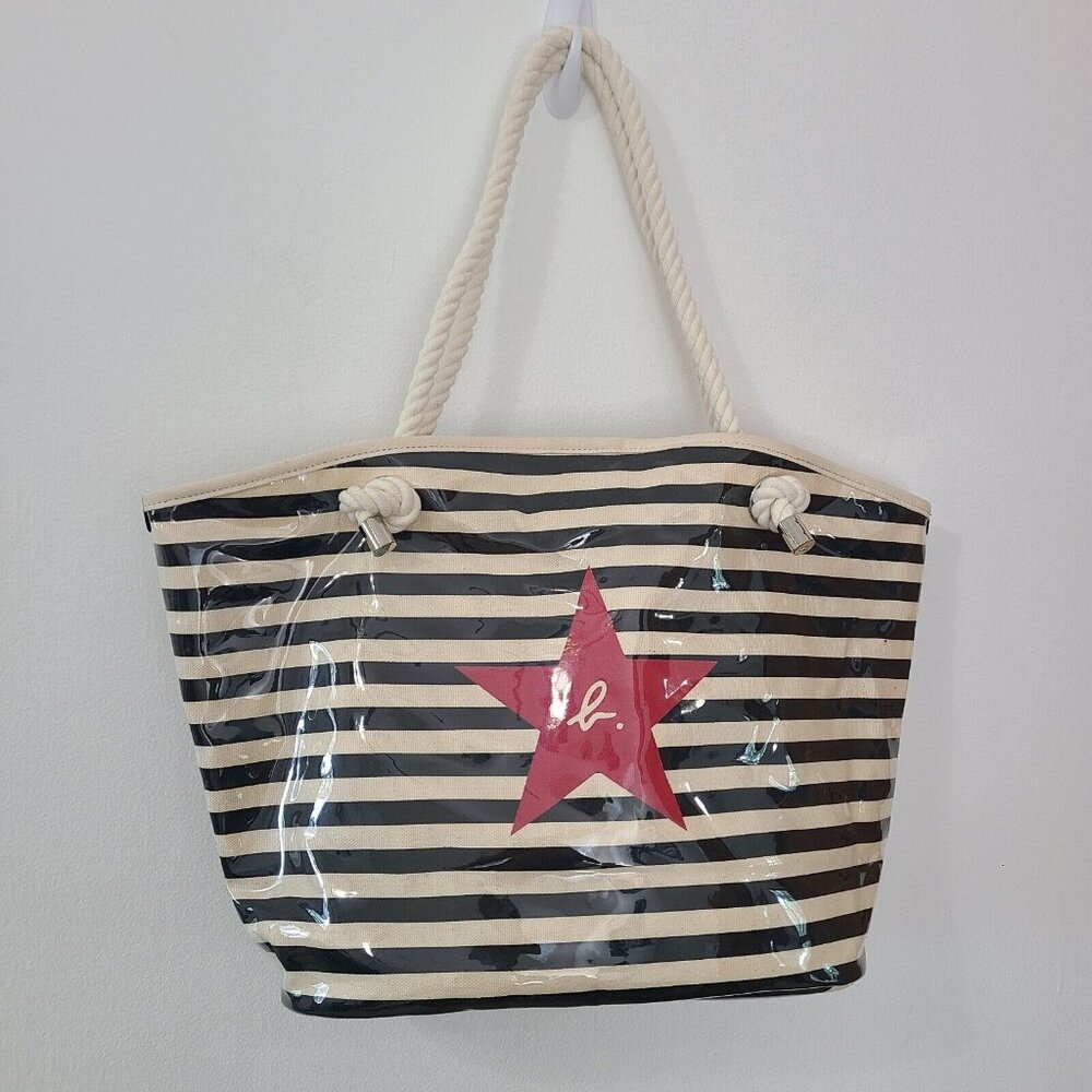NWOT Agnes b. Hand Bad Striped Navy Being Canvas Vinyl Beach Tote